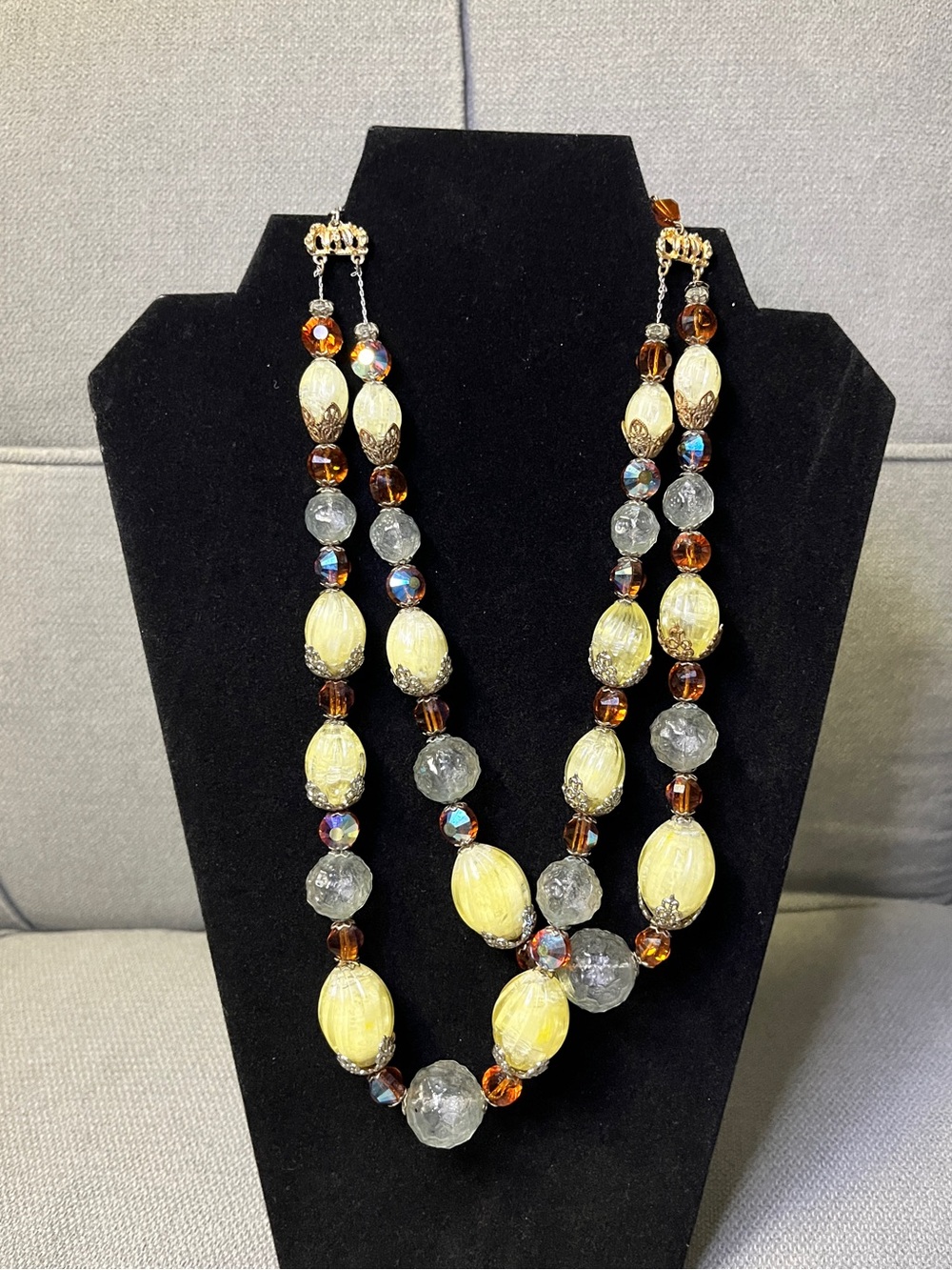 Signed Vintage Hobé Two-Tier Art Glass Beaded Statement Necklace - Gold Tone